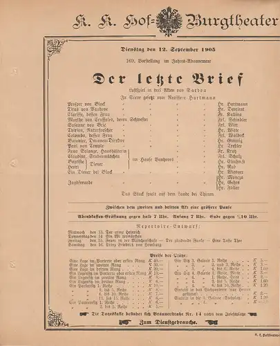 k. k. Hof = Burgtheater Wien: Theaterzettel Sardou DER LETZTE BRIEF 12. September 1905. 