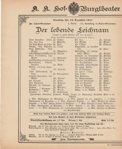 k. k. Hof = Burgtheater Wien: Theaterzettel Leo Tolstoi DER LEBENDE LEICHNAM 12. Dezember 1911. 