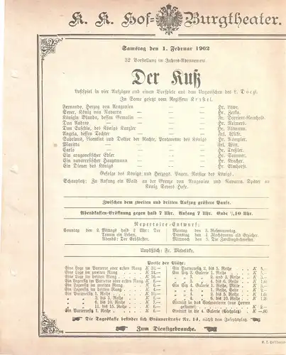 k. k. Hof = Burgtheater Wien: Theaterzettel L. Doczi DER Kuß 1. Februar 1902. 