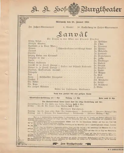 k. k. Hof = Burgtheater Wien: Theaterzettel Eduard Stucken LANVAL 28. Jänner 1914. 