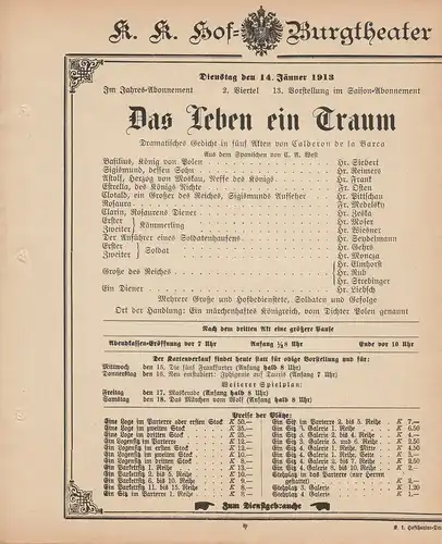 k. k. Hof = Burgtheater Wien: Theaterzettel Calderon de la Barca DAS LEBEN EIN TRAUM 14. Jänner 1913. 