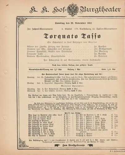 k. k. Hof = Burgtheater Wien: Theaterzettel Goethe TORQUATO TASSO 29. November 1913. 
