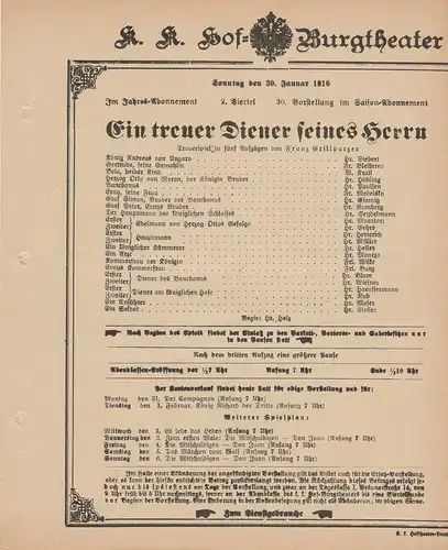 k. k. Hof = Burgtheater Wien: Theaterzettel Franz Grillparzer EIN TREUER DIENER SEINES HERRN 30. Januar 1916. 