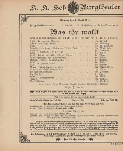 k. k. Hof = Burgtheater Wien: Theaterzettel Shakespeare WAS IHR WOLLT 5. April 1916. 