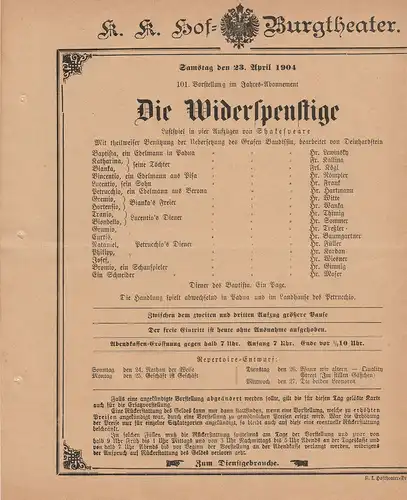 k. k. Hof = Burgtheater Wien: Theaterzettel Shakespeare DIE WIDERSPENSTIGE 23. April 1904. 