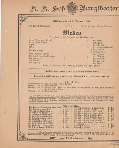 k. k. Hof = Burgtheater Wien: Theaterzettel Grillparzer MEDEA 29. Jänner 1908. 
