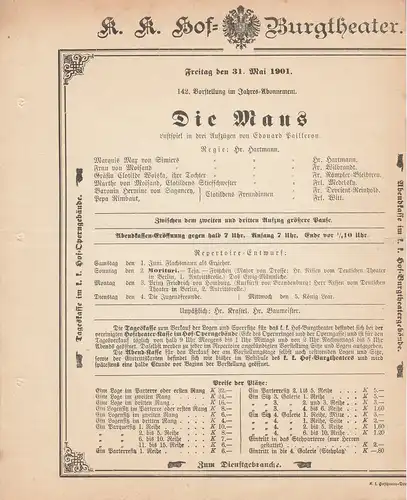 k. k. Hof = Burgtheater Wien: Theaterzettel Edouard Pailleron DIE MAUS 31. Mai 1901. 