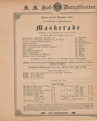 k. k. Hof = Burgtheater Wien: Theaterzettel Ludwig Fulda MASKERADE 25. November 1904. 