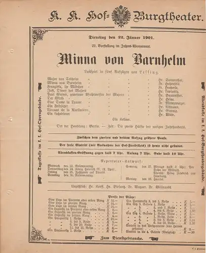 k. k. Hof = Burgtheater Wien: Theaterzettel Lessing MINNA VON BARNHELM 22. Jänner 1901. 