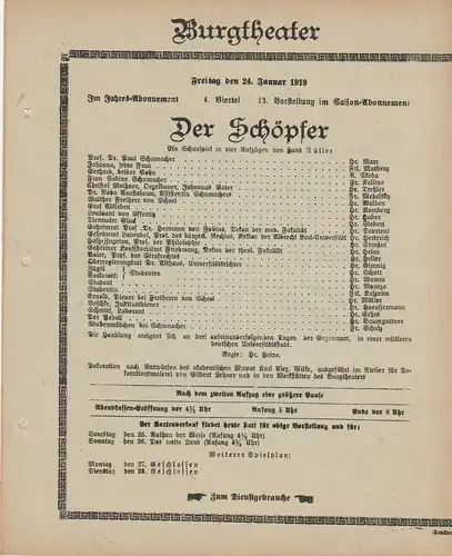 Burgtheater Wien: Theaterzettel Hans Müller DER SCHÖPFER 24. Januar 1919. 