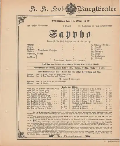 k. k. Hof = Burgtheater Wien: Theaterzettel Grillparzer SAPPHO 31. März 1910. 