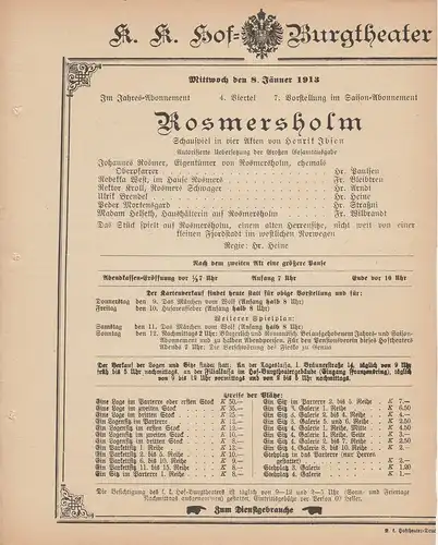 k. k. Hof = Burgtheater Wien: Theaterzettel Henrik Ibsen ROSMERSHOLM 8. Jänner 1913. 