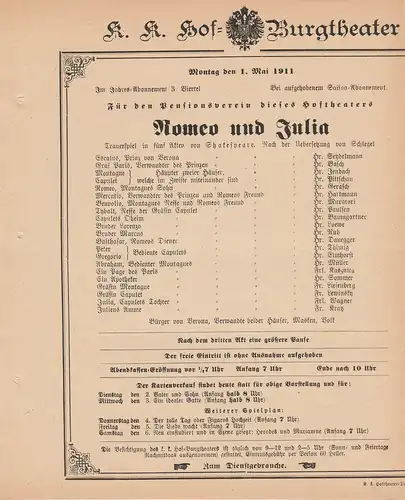 k. k. Hof = Burgtheater Wien: Theaterzettel Shakespeare ROMEO UND JULIA 1. Mai 1911. 
