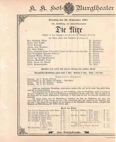 k. k. Hof = Burgtheater Wien: Theaterzettel Friedrich Gustav Triesch DIE NIXE 26. September 1905. 