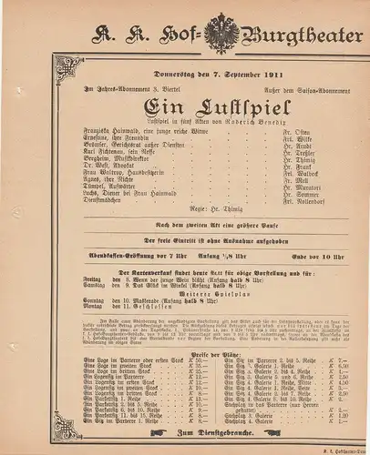 k. k. Hof = Burgtheater Wien: Theaterzettel Roderich Benedix EIN LUSTSPIEL 7. September 1911. 