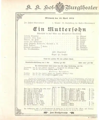 k. k. Hof = Burgtheater Wien: Theaterzettel Siegfried Trebitsch EIN MUTTERSOHN 16. April 1913. 