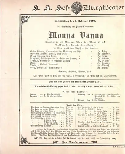 k. k. Hof = Burgtheater Wien: Theaterzettel Maurice Maeterlinck MONNA VANNA 5. Februar 1903. 