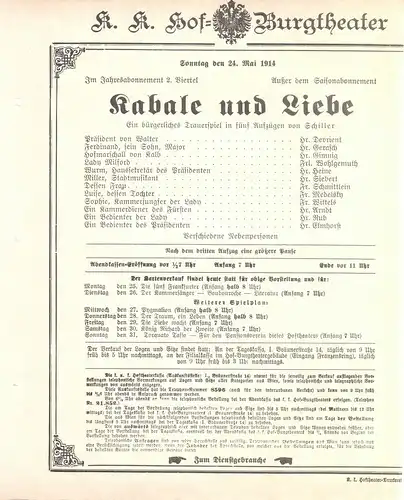 k. k. Hof = Burgtheater Wien: Theaterzettel Schiller KABALE UND LIEBE 24. Mai 1914. 