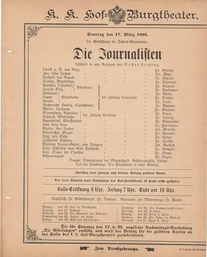 k. k. Hof = Burgtheater Wien: Theaterzettel Gustav Freytag DIE JOURNALISTEN 17. März 1895. 