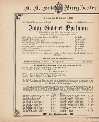 k. k. Hof = Burgtheater Wien: Theaterzettel Henrik Ibsen JOHN GABRIEL BORKMAN 30. September 1913. 