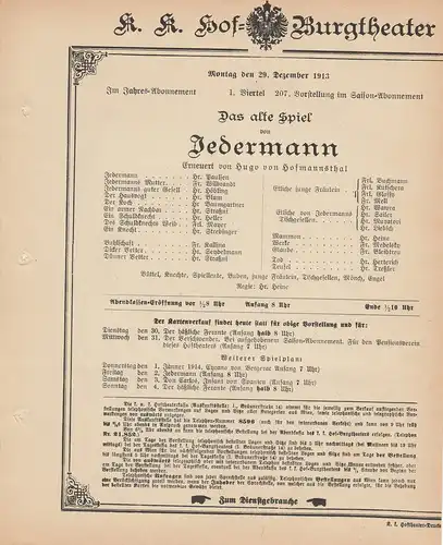 k. k. Hof = Burgtheater Wien: Theaterzettel Hugo von Hofmannsthal DAS ALTE SPIEL VON JEDERMANN 29. Dezember 1913. 