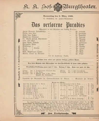 k. k. Hof = Burgtheater Wien: Theaterzettel Ludwig Fulda DAS VERLORENE PARADIES 3. März 1898. 