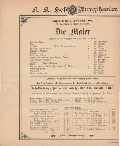 k. k. Hof = Burgtheater Wien: Theaterzettel Adolf Wilbrandt DIE MALER 9. September 1896. 