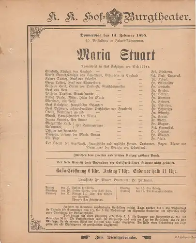 k. k. Hof = Burgtheater Wien: Theaterzettel Schiller MARIA STUART 14. Februar 1895. 