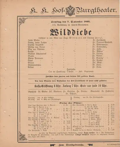 k. k. Hof = Burgtheater Wien: Theaterzettel Wittmann / Herz WILDDIEBE 7. September 1895. 