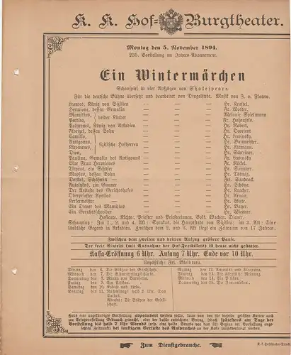 k. k. Hof = Burgtheater Wien: Theaterzettel Shakespeare EIN WINTERMÄRCHEN 5. November 1894. 