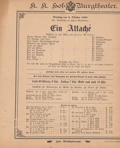 k. k. Hof = Burgtheater Wien: Theaterzettel Henri Meilhac EIN ATTACHE 8. Oktober 1895. 