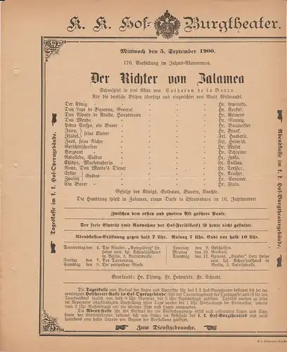 k. k. Hof = Burgtheater Wien: Theaterzettel Calderon de la Barca DER RICHTER VON ZALAMEA 5. September 1900. 