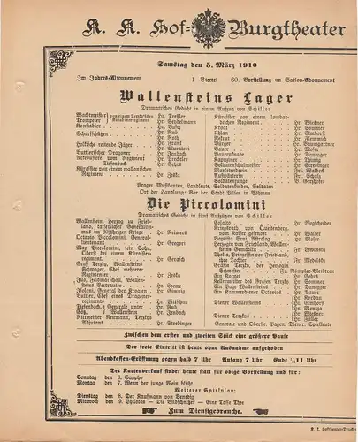 k. k. Hof = Burgtheater Wien: Theaterzettel Schiller WALLENSTEINS LAGER / DIE PICCOLOMINI 5. März 1910. 