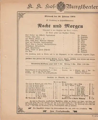 k. k. Hof = Burgtheater Wien: Theaterzettel Paul Lindau NACHT UND MORGEN 26. Februar 1902. 