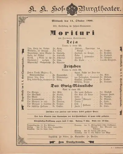 k. k. Hof = Burgtheater Wien: Theaterzettel Hermann Sudermann MORITURI 11. Oktober 1899. 