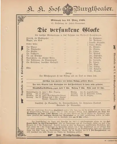 k. k. Hof = Burgtheater Wien: Theaterzettel Gerhard Hauptmann ( Gerhart ) DIE VERSUNKENE GLOCKE 23. März 1898. 