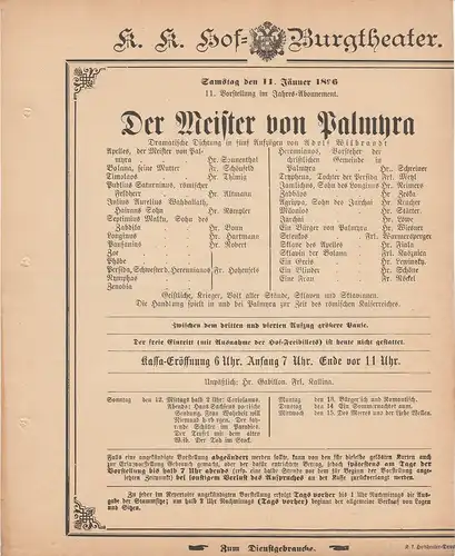 k. k. Hof = Burgtheater Wien: Theaterzettel Adolf Wilbrandt DER MEISTER VON PALMYRA 11. Jänner 1896. 