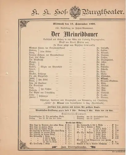 k. k. Hof = Burgtheater Wien: Theaterzettel Ludwig Anzengruber DER MEINEIDBAUER 17. September 1902. 