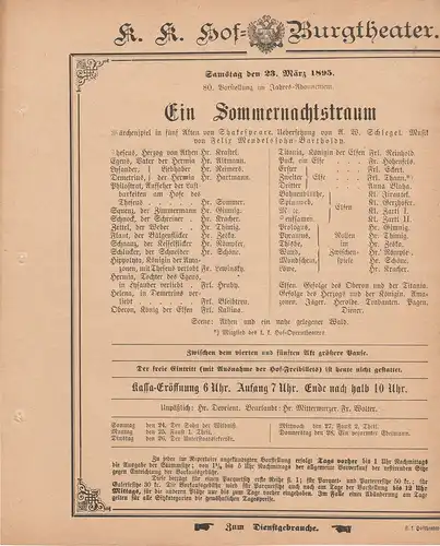 k. k. Hof = Burgtheater Wien: Theaterzettel Shakespeare EIN SOMMERNACHTSTRAUM 23. März 1895. 