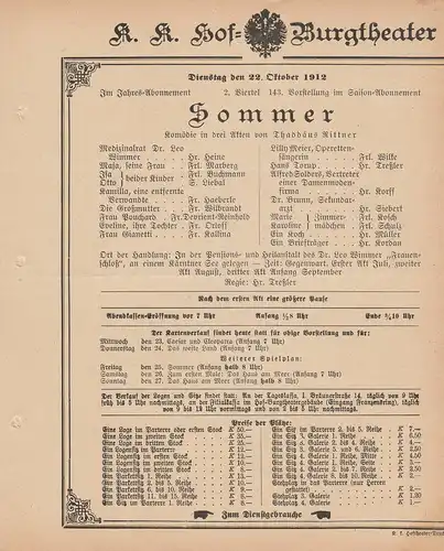 k. k. Hof = Burgtheater Wien: Theaterzettel Thaddäus Rittner SOMMER 22. Oktober 1912. 