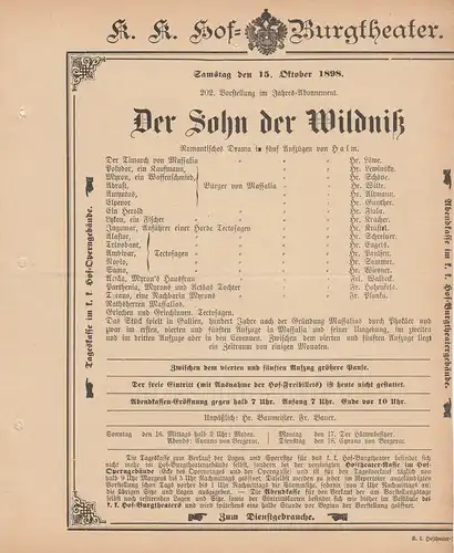 k. k. Hof = Burgtheater Wien: Theaterzettel Halm DER SOHN DER WILDNIß 15. Oktober 1898. 