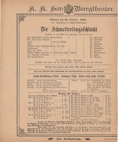 k. k. Hof = Burgtheater Wien: Theaterzettel Hermann Sudermann DIE SCHMETTERLINGSSCHLACHT 23. Oktober 1894. 