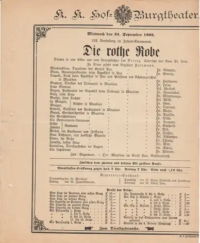 k. k. Hof = Burgtheater Wien: Theaterzettel Brieux DIE ROTHE ROBE 24. September 1902. 