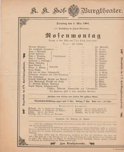 k. k. Hof = Burgtheater Wien: Theaterzettel Otto Erich Hartleben ROSENMONTAG 7. Mai 1901. 