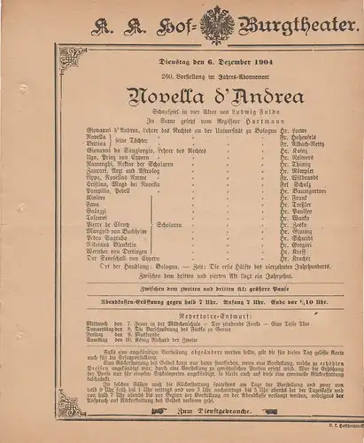 k. k. Hof = Burgtheater Wien: Theaterzettel Ludwig Fulda NOVELLA D'ANDREA 6. Dezember 1904. 