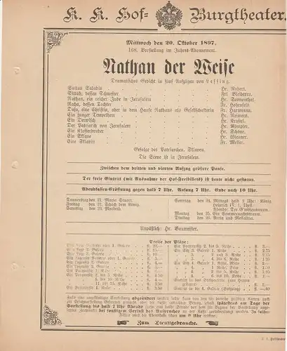 k. k. Hof = Burgtheater Wien: Theaterzettel Lessing NATHAN DER WEISE 20. Oktober 1897. 