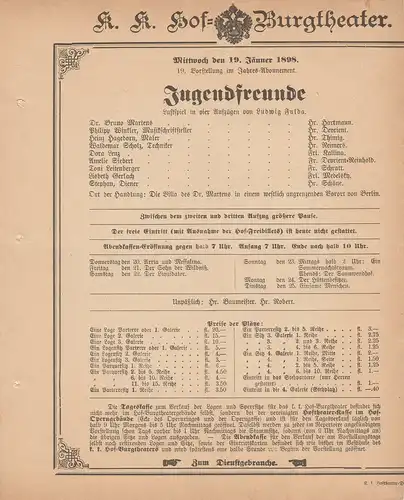 k. k. Hof = Burgtheater Wien: Theaterzettel Ludwig Fulda JUGENDFREUNDE 19. Jänner 1898. 