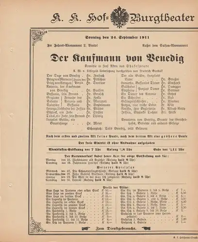 k. k. Hof = Burgtheater Wien: Theaterzettel Shakespeare DER KAUFMANN VON VENEDIG 24. September 1911. 