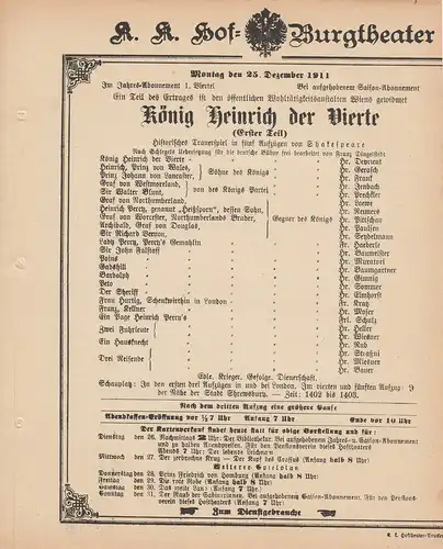 k. k. Hof = Burgtheater Wien: Theaterzettel Shakespeare KÖNIG HEINRICH DER VIERTE 25. Dezember 1911. 