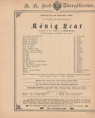 k. k. Hof = Burgtheater Wien: Theaterzettel Shakespeare KÖNIG LEAR 26. September 1903. 